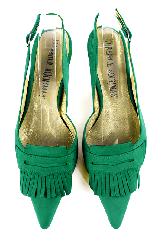 Emerald green women's slingback shoes. Pointed toe. Medium spool heels. Top view - Florence KOOIJMAN